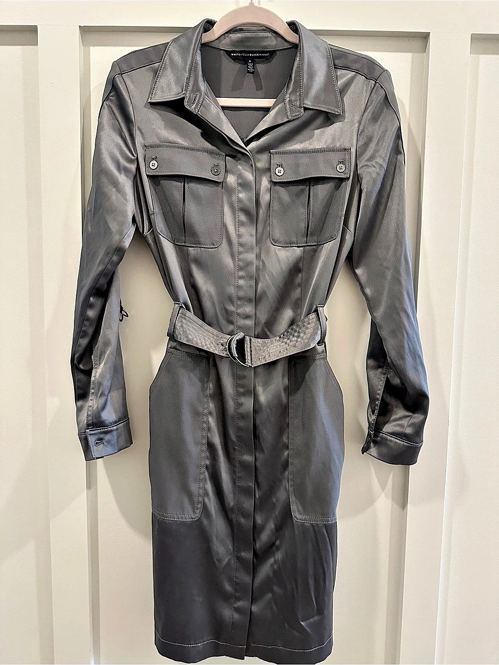 White House Black Market Satin Utility Shirt Dress Belted Gray Size 6